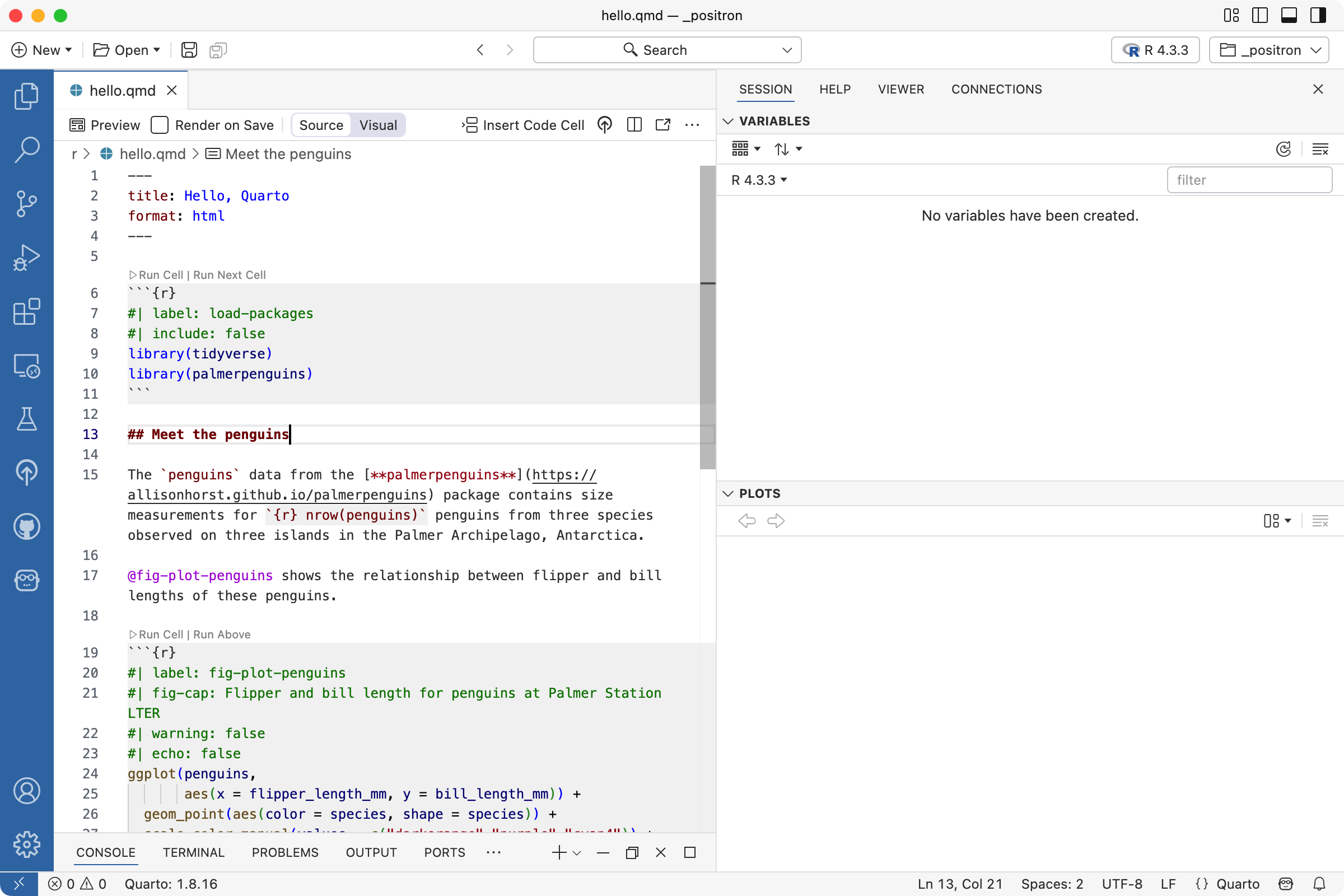 Positron with a file called `hello.qmd` open in the Editor.